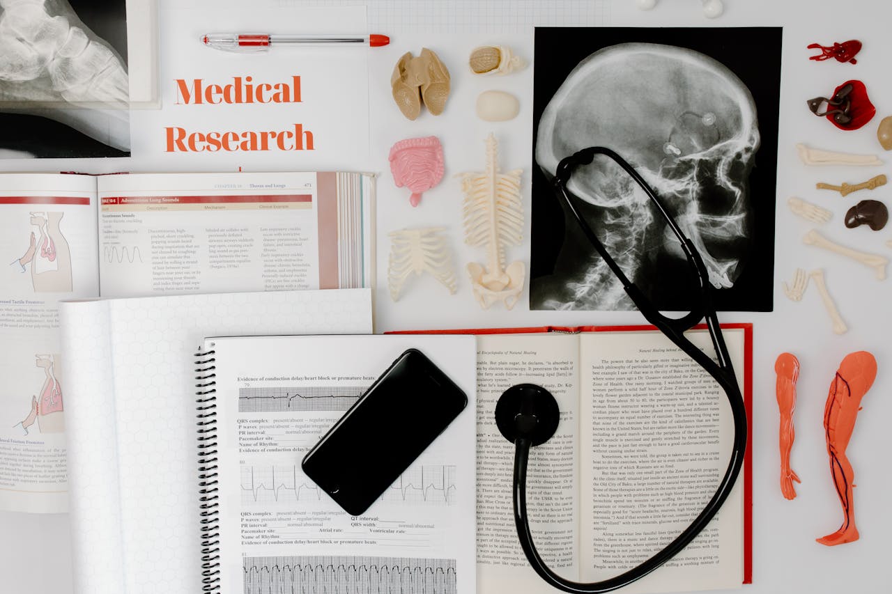 about-01 Flat lay of medical research materials with a stethoscope and anatomical models.